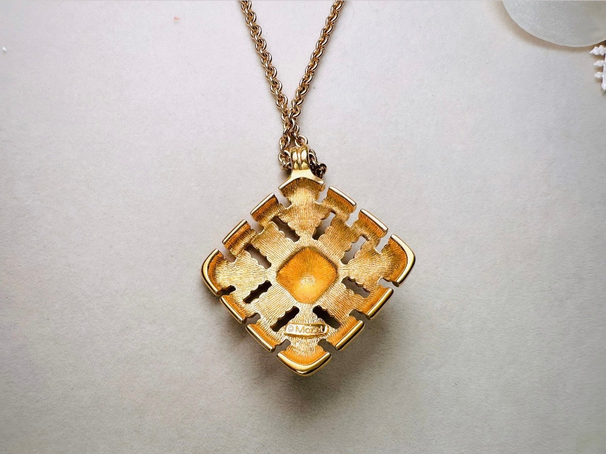 Gold Pendant Necklace, Vintage Monet Gold Chain Necklace with Geometric Focal, Elegant Long Necklace to Double and Layer