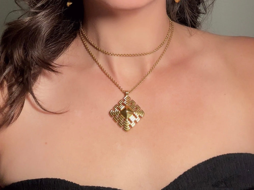 Gold Pendant Necklace, Vintage Monet Gold Chain Necklace with Geometric Focal, Elegant Long Necklace to Double and Layer