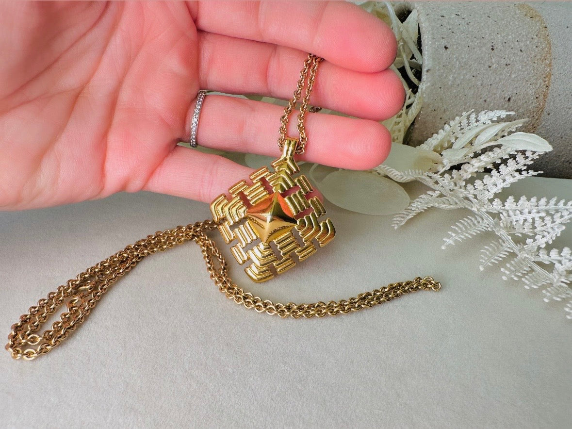 Gold Pendant Necklace, Vintage Monet Gold Chain Necklace with Geometric Focal, Elegant Long Necklace to Double and Layer
