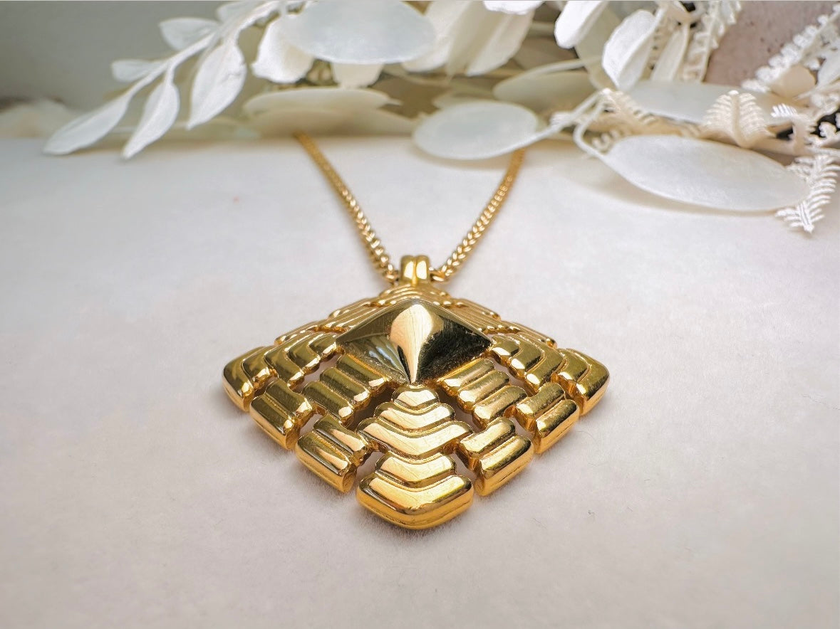 Gold Pendant Necklace, Vintage Monet Gold Chain Necklace with Geometric Focal, Elegant Long Necklace to Double and Layer