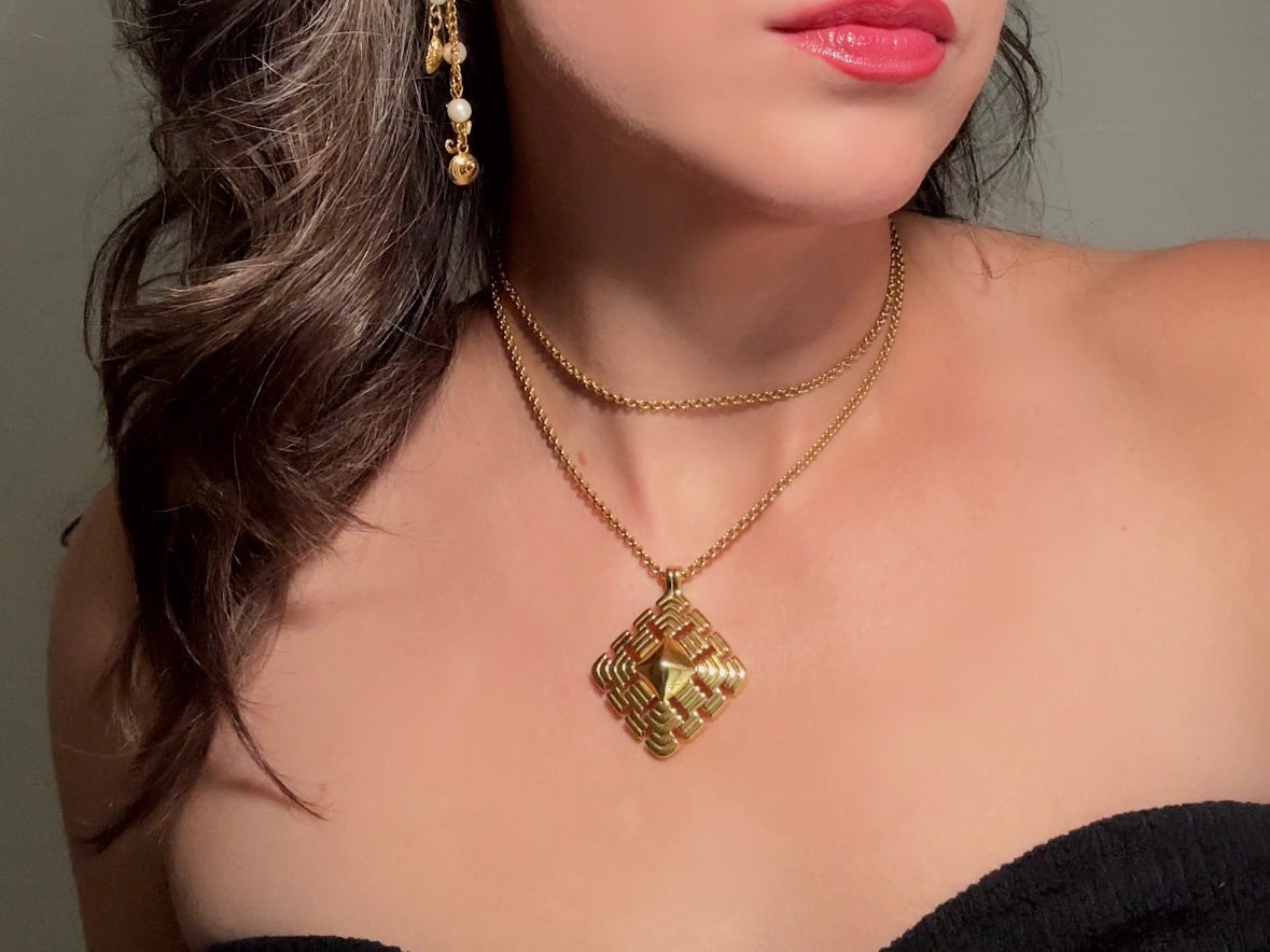 Gold Pendant Necklace, Vintage Monet Gold Chain Necklace with Geometric Focal, Elegant Long Necklace to Double and Layer