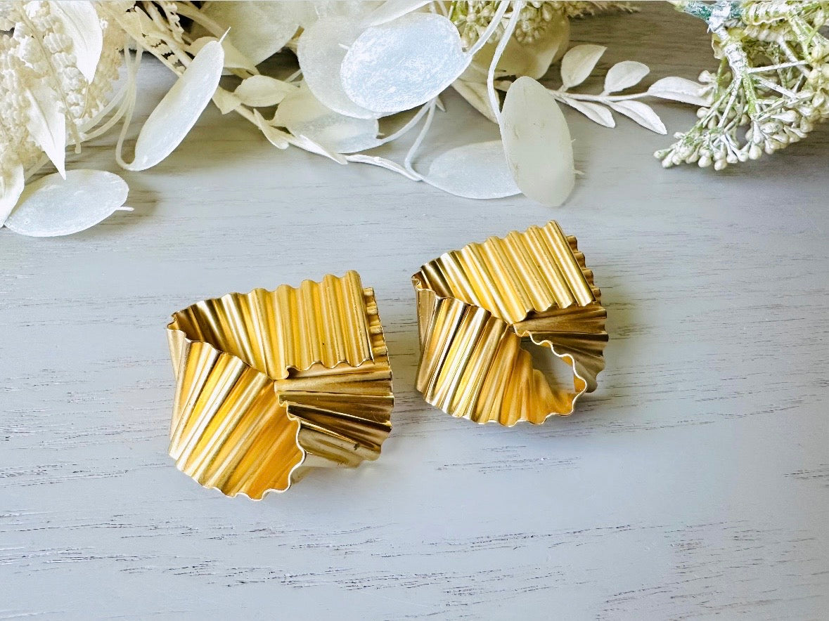 Gold Ribbon Earrings, Vintage Glam Corrugated Folded Earrings, Unique 1980s Runway Earrings, Oversized Pierced Dimensional Earrings satin finish from Piggle and Pop