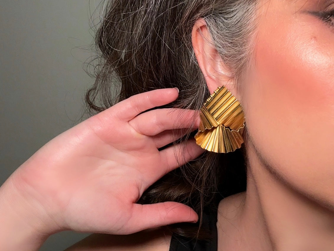 Gold Ribbon Earrings, Vintage Glam Corrugated Folded Earrings, Unique 1980s Runway Earrings, Oversized Pierced Dimensional Earrings satin finish from Piggle and Pop size reference