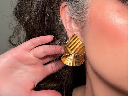 Gold Ribbon Earrings, Vintage Glam Corrugated Folded Earrings, Unique 1980s Runway Earrings, Oversized Pierced Dimensional Earrings satin finish from Piggle and Pop size reference