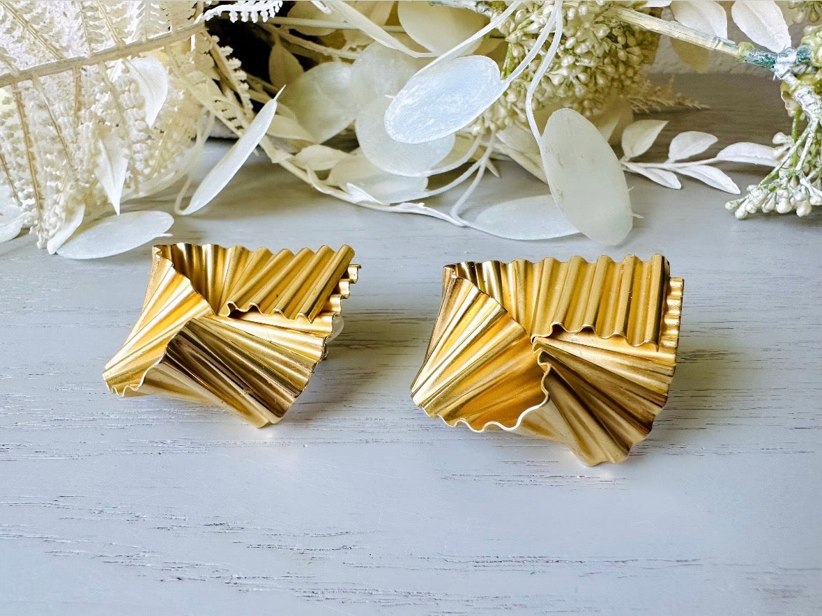 Gold Ribbon Earrings, Vintage Glam Corrugated Folded Earrings, Unique 1980s Runway Earrings, Oversized Pierced Dimensional Earrings satin finish from Piggle and Pop size reference
