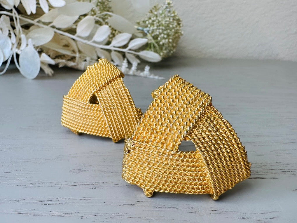 Gold Rope Triangle Earrings, Oversized 1980s Runway Earrings, Mega Glam Clip Ons