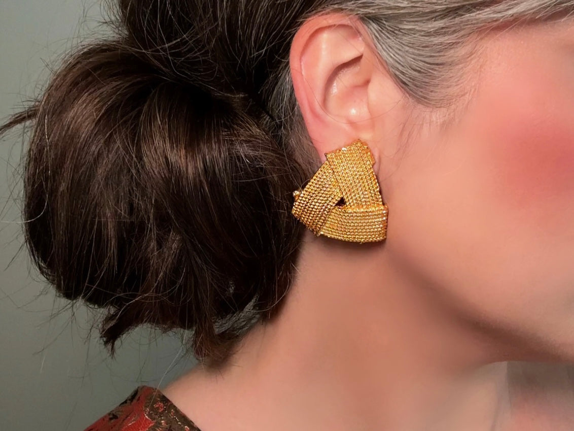 Gold Rope Triangle Earrings, Oversized 1980s Runway Earrings, Mega Glam Clip Ons modelled