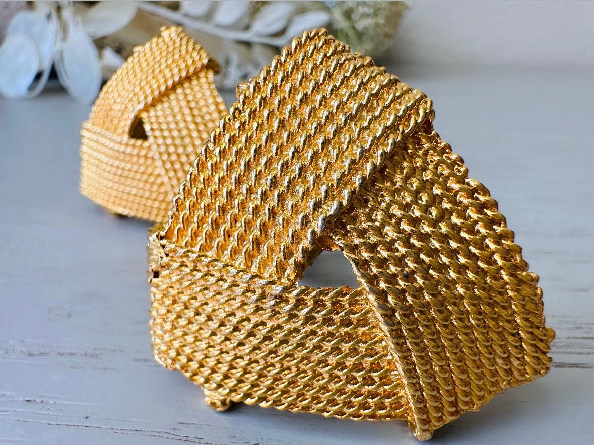 Gold Rope Triangle Earrings, Oversized 1980s Runway Earrings, Mega Glam Clip Ons close up