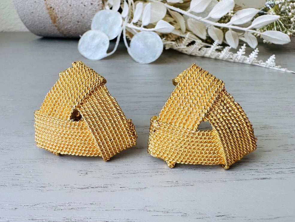 Gold Rope Triangle Earrings, Oversized 1980s Runway Earrings, Mega Glam Clip Ons front view