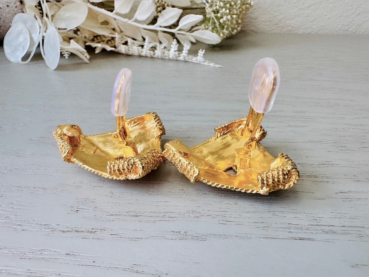 Gold Rope Triangle Earrings, Oversized 1980s Runway Earrings, Mega Glam Clip Ons paddles