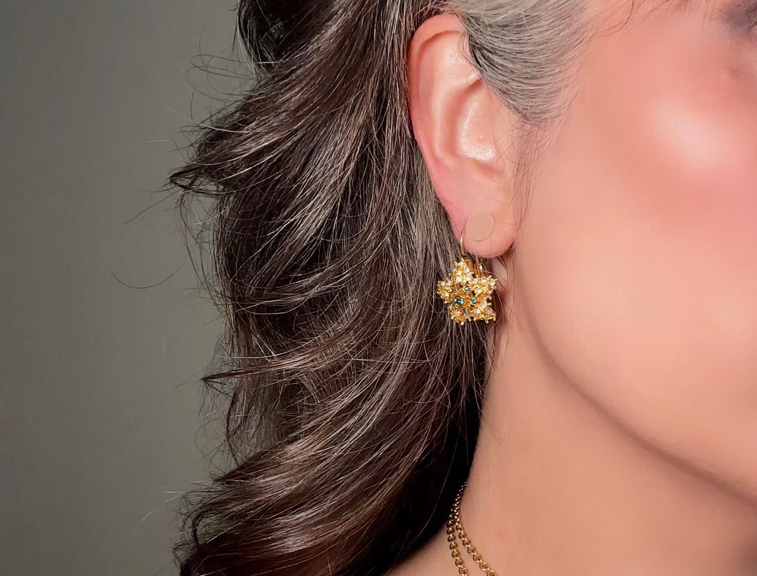 Gold Star Earrings with Sapphire and Diamond Crystals, Vintage Nolan Miller Leverback Celestial Earrings, Sparkling Holiday Jewelry