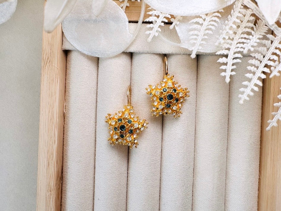 Gold Star Earrings with Sapphire and Diamond Crystals, Vintage Nolan Miller Leverback Celestial Earrings, Sparkling Holiday Jewelry