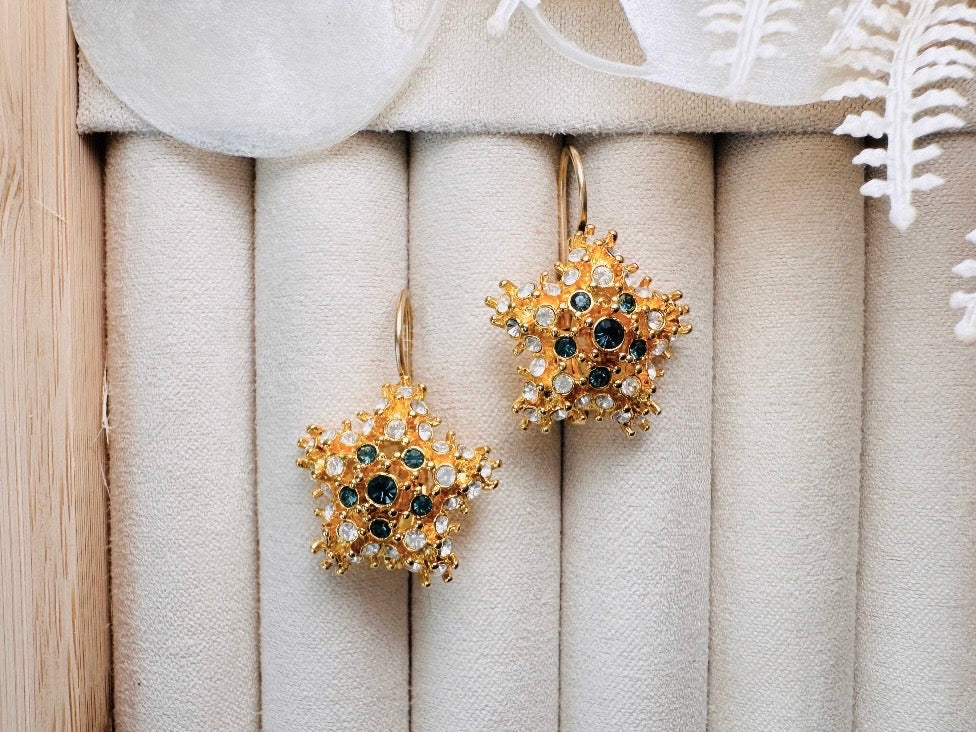 Gold Star Earrings with Sapphire and Diamond Crystals, Vintage Nolan Miller Leverback Celestial Earrings, Sparkling Holiday Jewelry