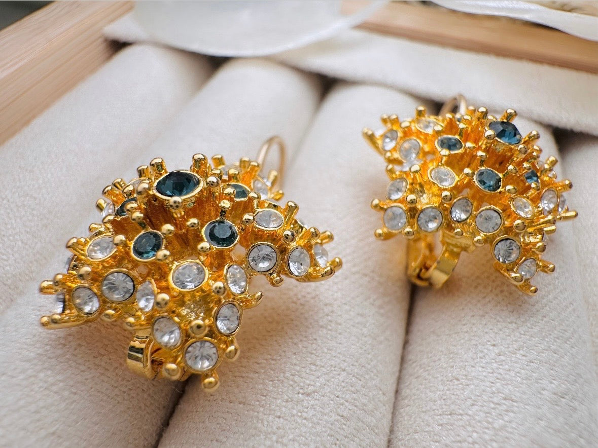 Gold Star Earrings with Sapphire and Diamond Crystals, Vintage Nolan Miller Leverback Celestial Earrings, Sparkling Holiday Jewelry