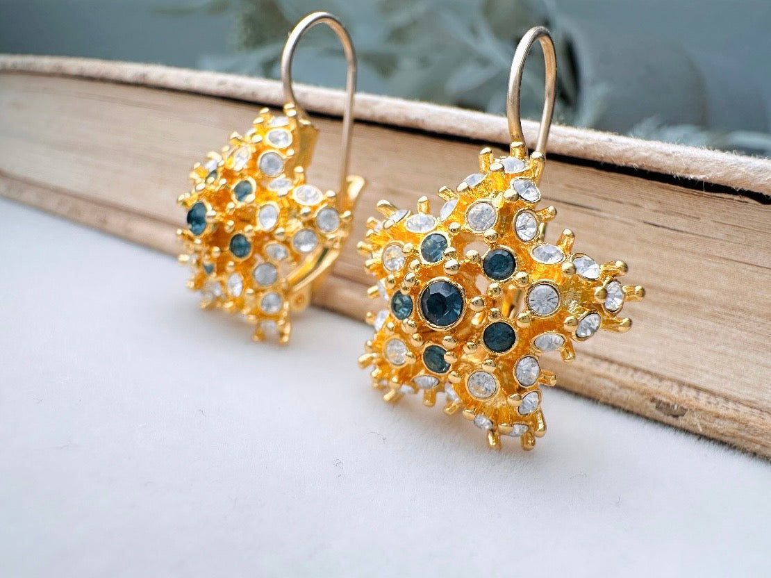 Gold Star Earrings with Sapphire and Diamond Crystals, Vintage Nolan Miller Leverback Celestial Earrings, Sparkling Holiday Jewelry