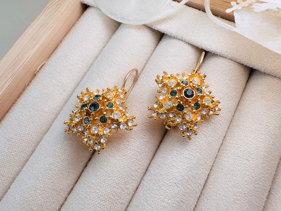 Gold Star Earrings with Sapphire and Diamond Crystals, Vintage Nolan Miller Leverback Celestial Earrings, Sparkling Holiday Jewelry