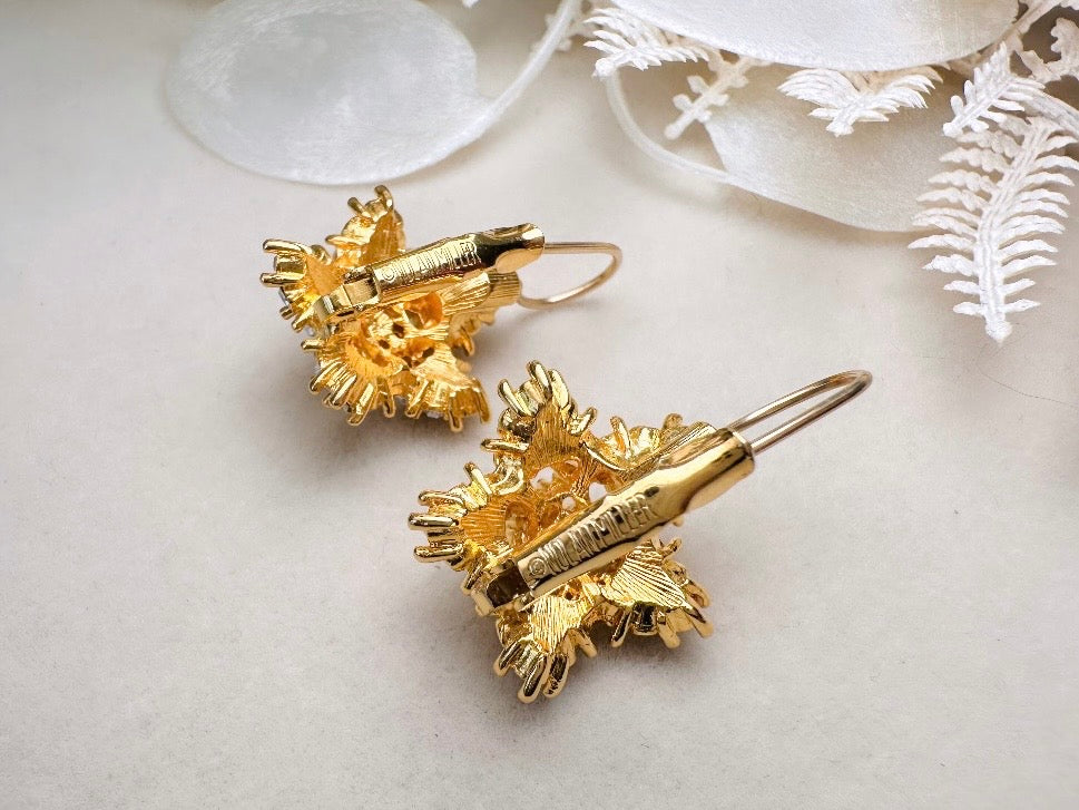 Gold Star Earrings with Sapphire and Diamond Crystals, Vintage Nolan Miller Leverback Celestial Earrings, Sparkling Holiday Jewelry