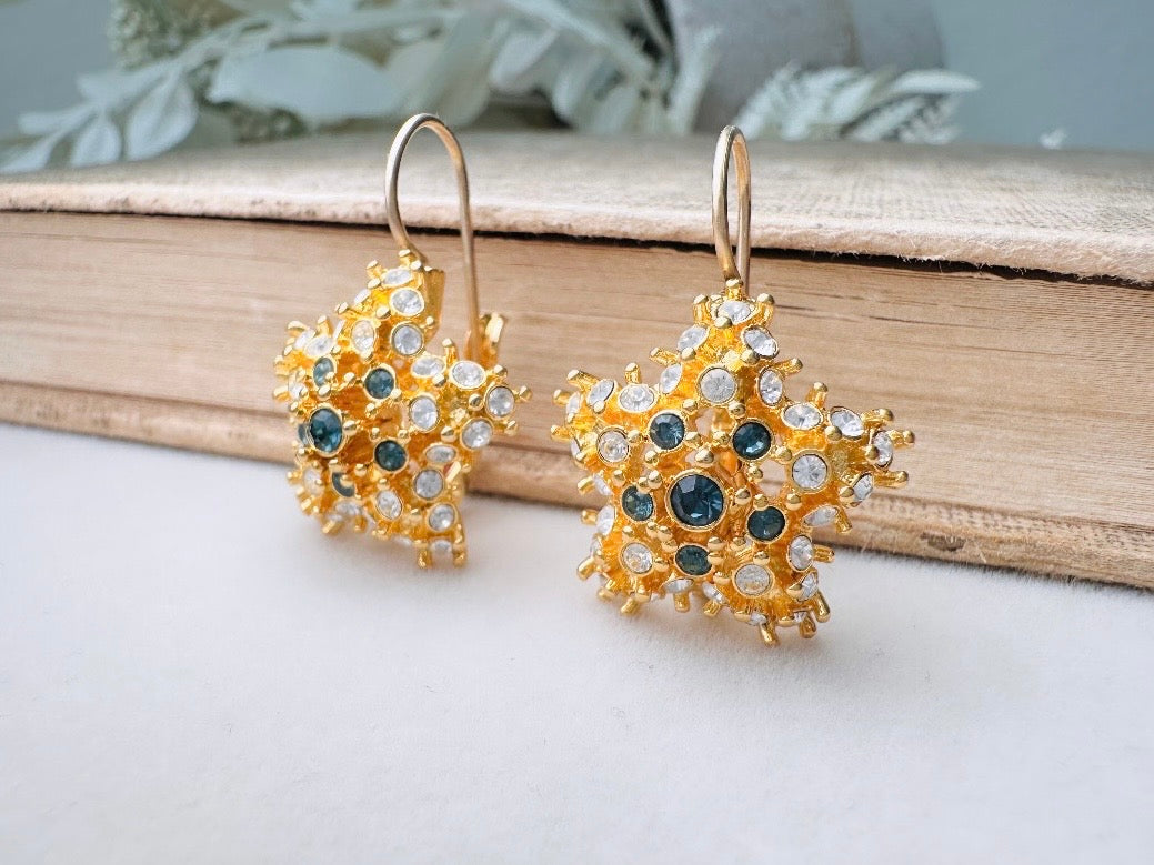 Gold Star Earrings with Sapphire and Diamond Crystals, Vintage Nolan Miller Leverback Celestial Earrings, Sparkling Holiday Jewelry