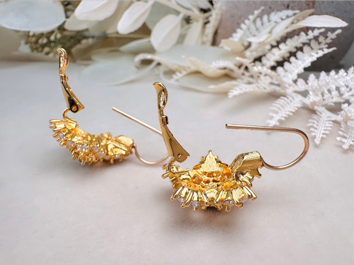 Gold Star Earrings with Sapphire and Diamond Crystals, Vintage Nolan Miller Leverback Celestial Earrings, Sparkling Holiday Jewelry