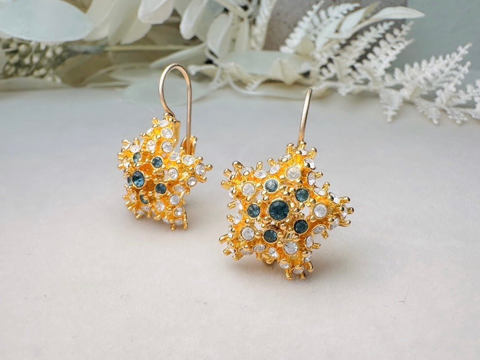 Gold Star Earrings with Sapphire and Diamond Crystals, Vintage Nolan Miller Leverback Celestial Earrings, Sparkling Holiday Jewelry