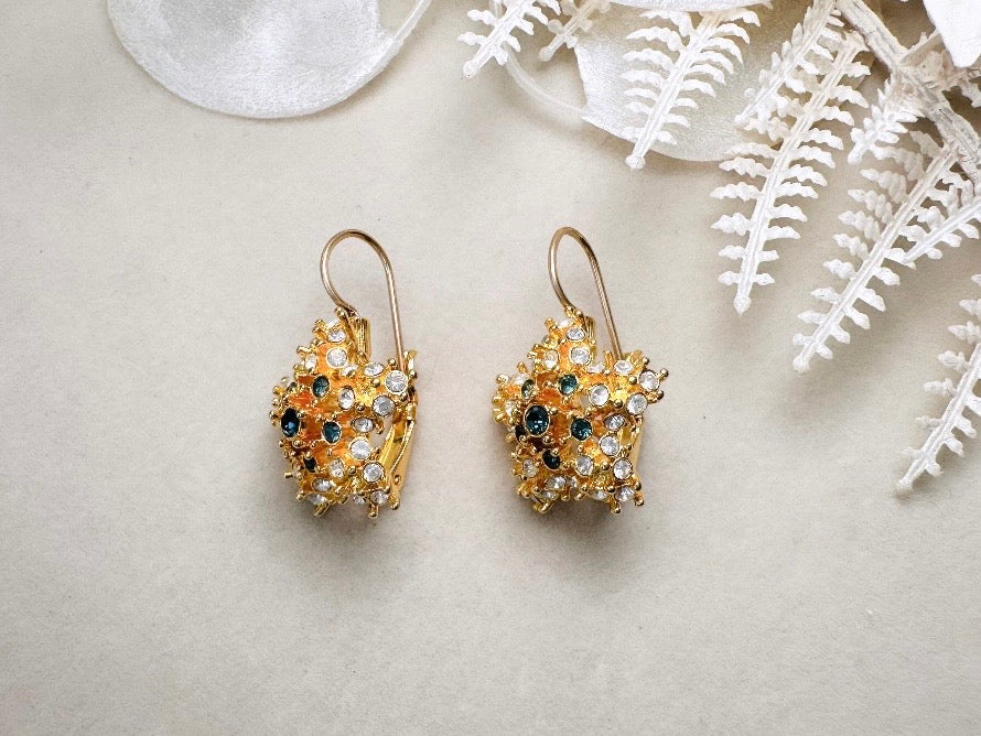 Gold Star Earrings with Sapphire and Diamond Crystals, Vintage Nolan Miller Leverback Celestial Earrings, Sparkling Holiday Jewelry