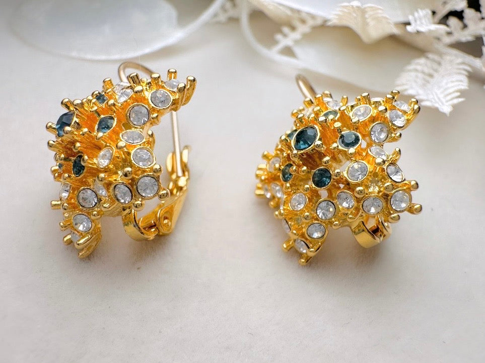 Gold Star Earrings with Sapphire and Diamond Crystals, Vintage Nolan Miller Leverback Celestial Earrings, Sparkling Holiday Jewelry