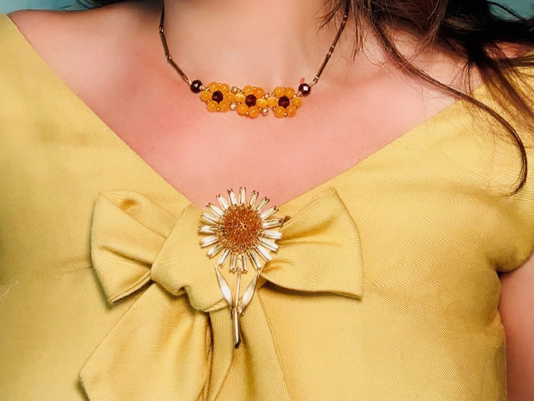 Gold Sunflower Brooch, Large Vintage Flower Statement Pin