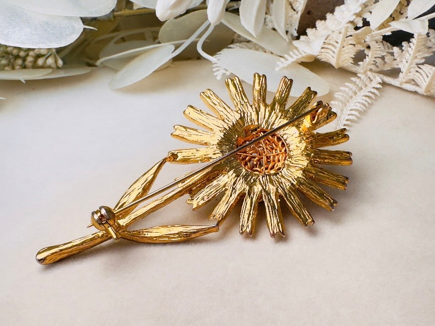 Gold Sunflower Brooch, Large Vintage Flower Statement Pin