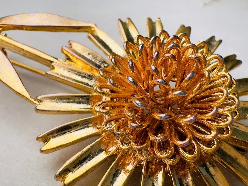 Gold Sunflower Brooch, Large Vintage Flower Statement Pin