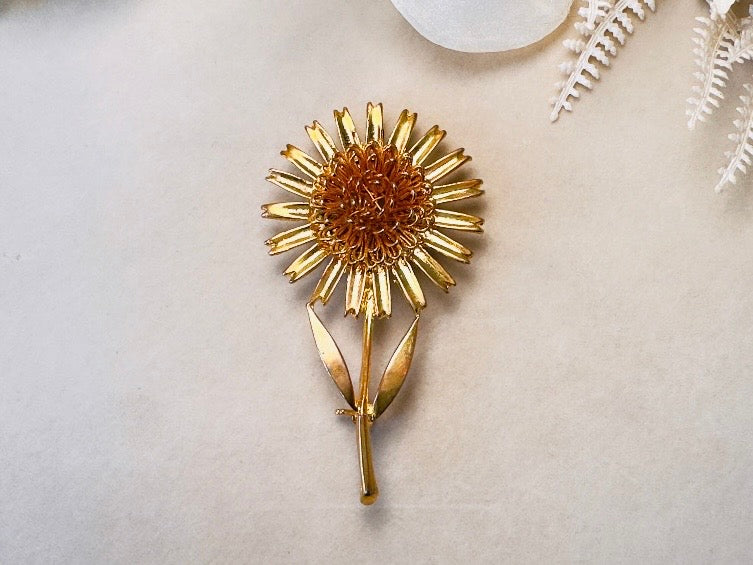 Gold Sunflower Brooch, Large Vintage Flower Statement Pin