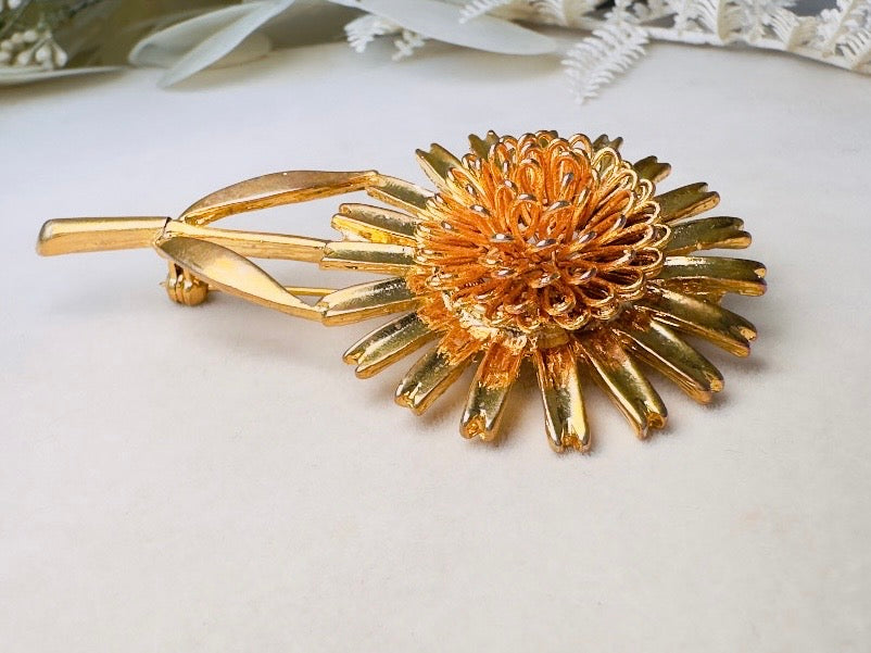 Gold Sunflower Brooch, Large Vintage Flower Statement Pin