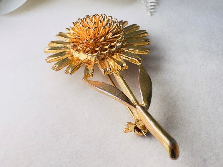 Gold Sunflower Brooch, Large Vintage Flower Statement Pin