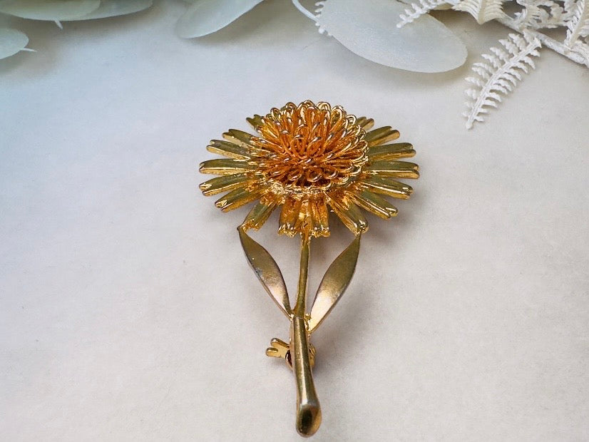 Gold Sunflower Brooch, Large Vintage Flower Statement Pin