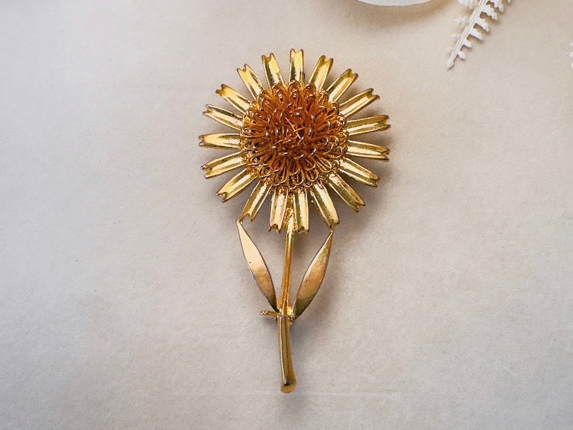 Gold Sunflower Brooch, Large Vintage Flower Statement Pin