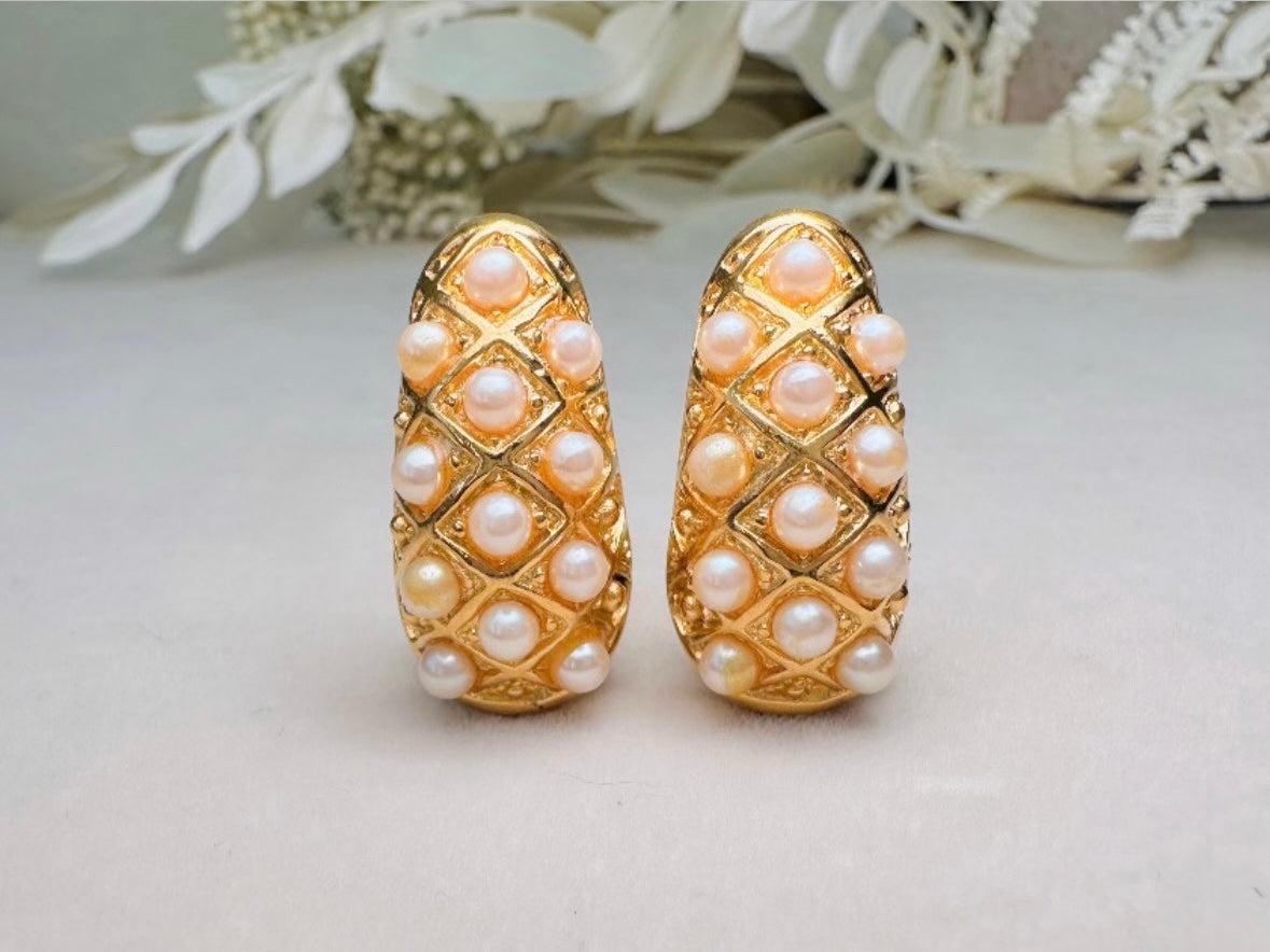 Gold Teardrop Earrings with Pearls, Vintage Signed Richelieu Clip On Earrings
