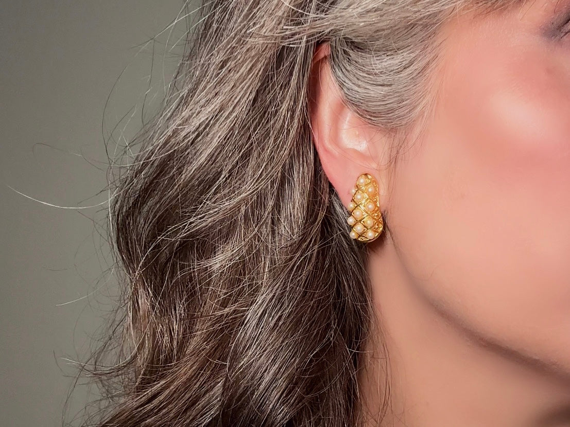 Gold Teardrop Earrings with Pearls, Vintage Signed Richelieu Clip On Earrings