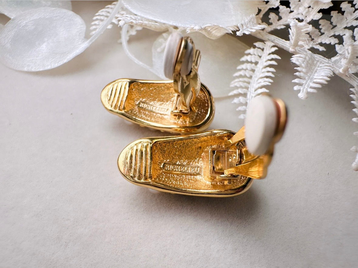 Gold Teardrop Earrings with Pearls, Vintage Signed Richelieu Clip On Earrings