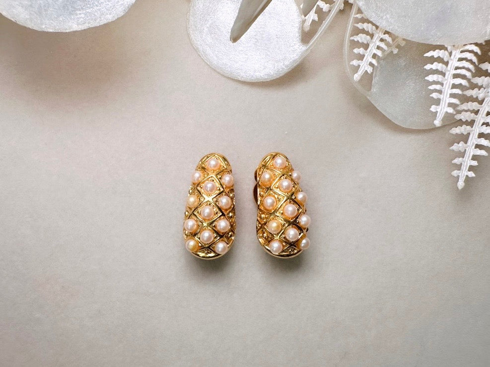 Gold Teardrop Earrings with Pearls, Vintage Signed Richelieu Clip On Earrings
