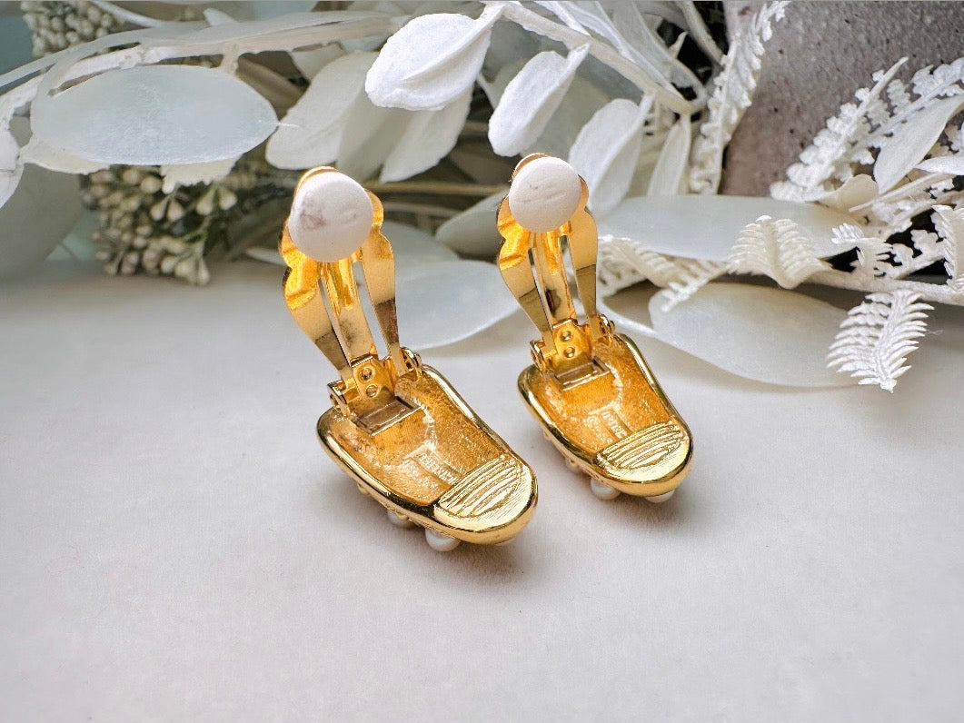 Gold Teardrop Earrings with Pearls, Vintage Signed Richelieu Clip On Earrings