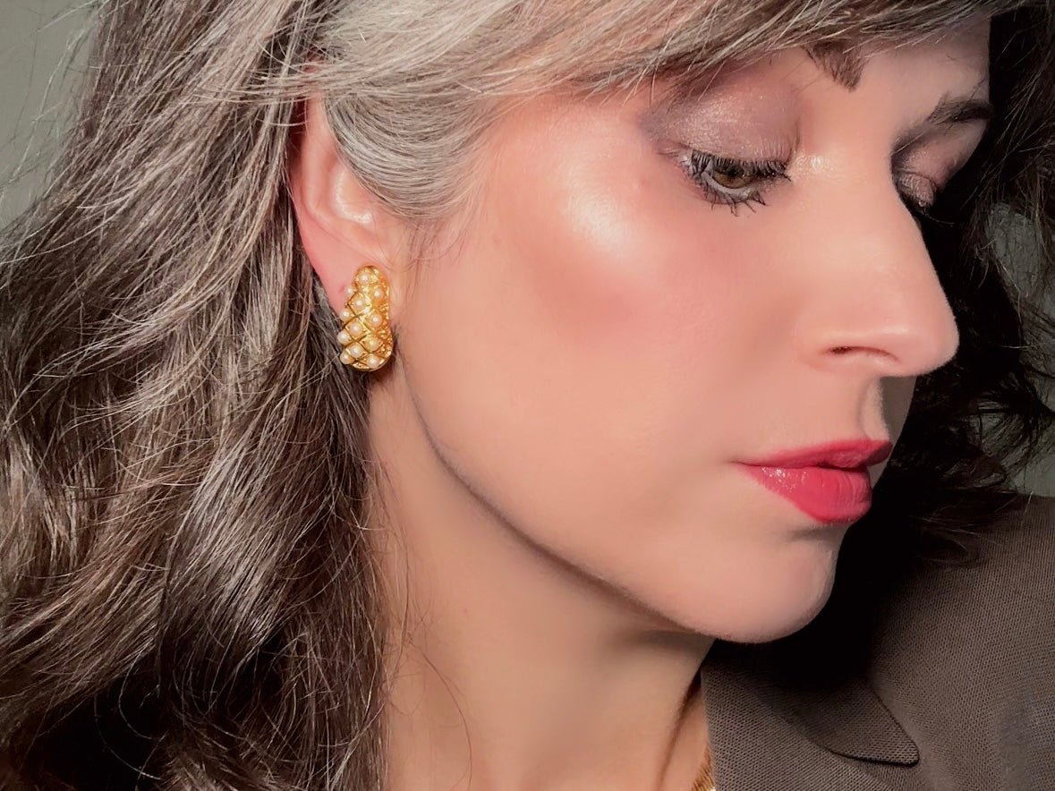 Gold Teardrop Earrings with Pearls, Vintage Signed Richelieu Clip On Earrings