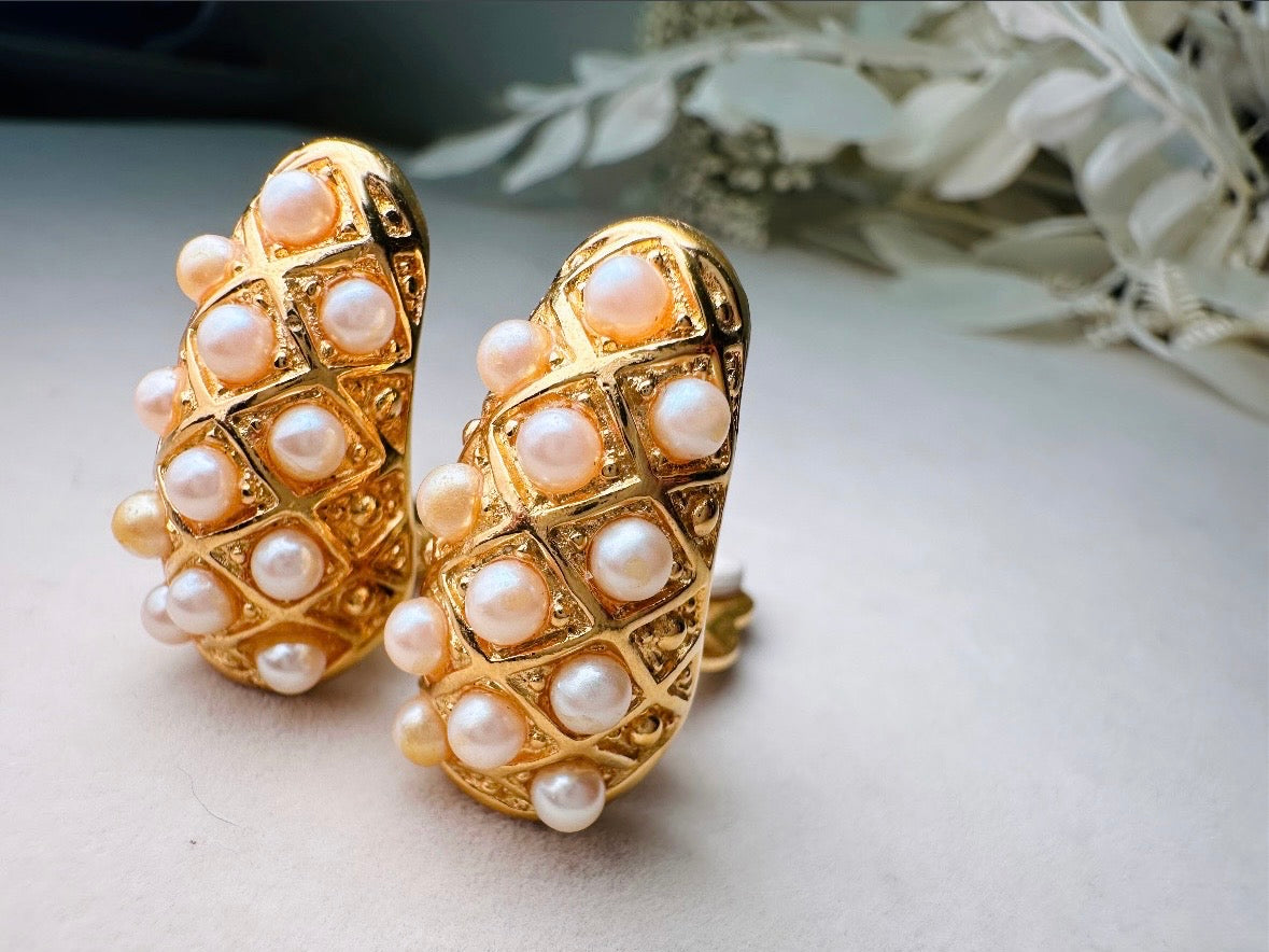 Gold Teardrop Earrings with Pearls, Vintage Signed Richelieu Clip On Earrings