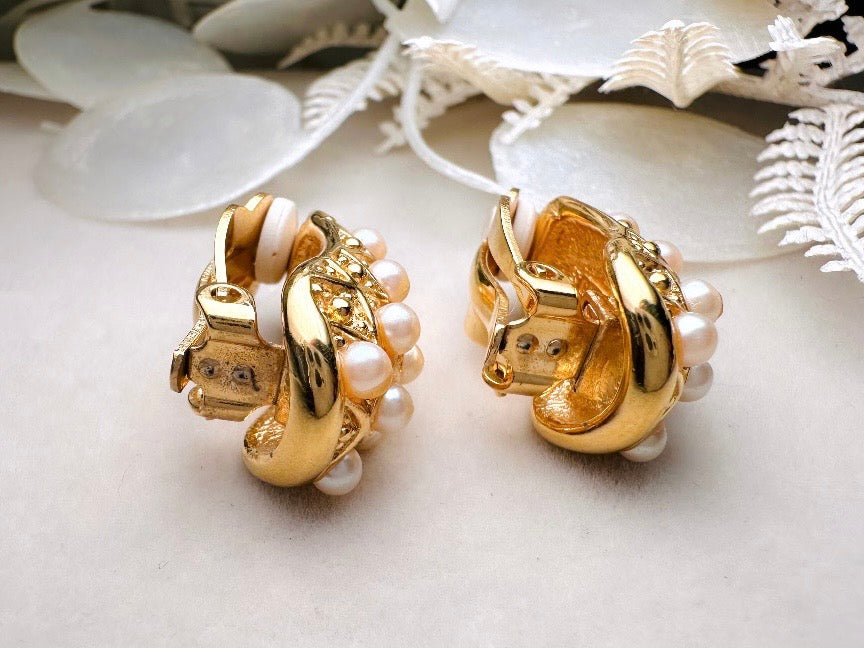 Gold Teardrop Earrings with Pearls, Vintage Signed Richelieu Clip On Earrings
