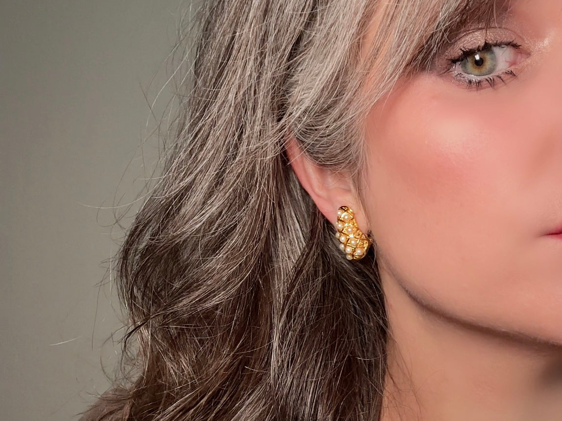 Gold Teardrop Earrings with Pearls, Vintage Signed Richelieu Clip On Earrings