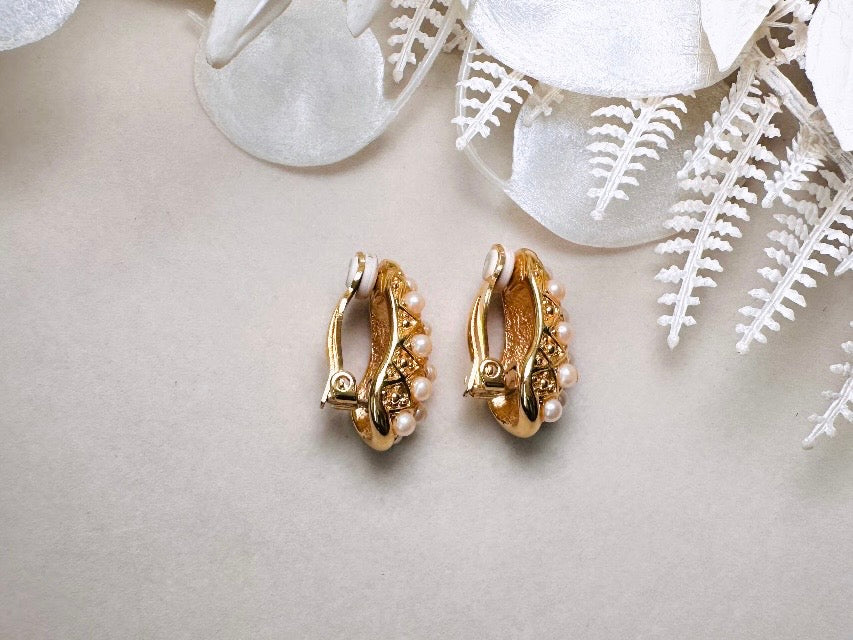 Gold Teardrop Earrings with Pearls, Vintage Signed Richelieu Clip On Earrings