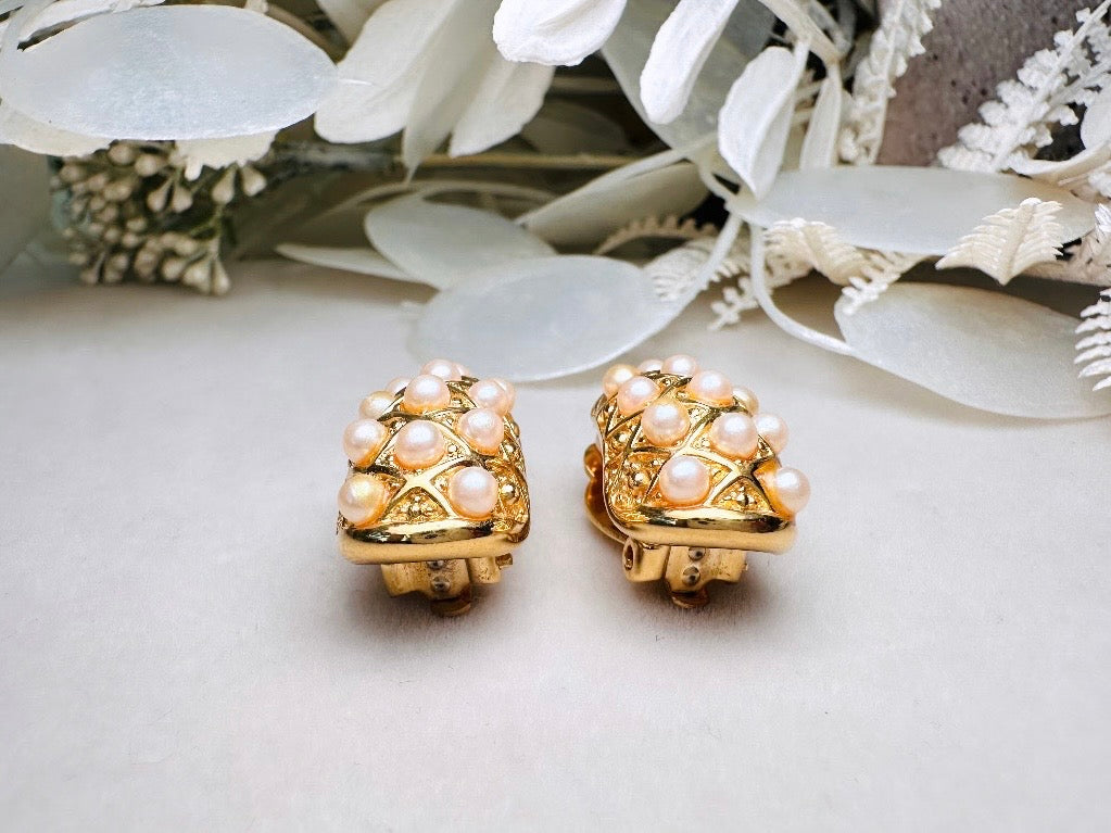 Gold Teardrop Earrings with Pearls, Vintage Signed Richelieu Clip On Earrings