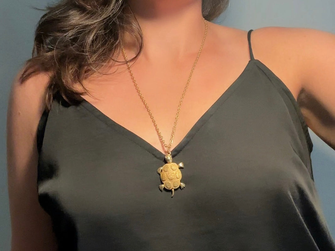 Gold Turtle Pendant Necklace, Whimsical Vintage Necklace, JJ Jonette Long Gold Chain Necklace