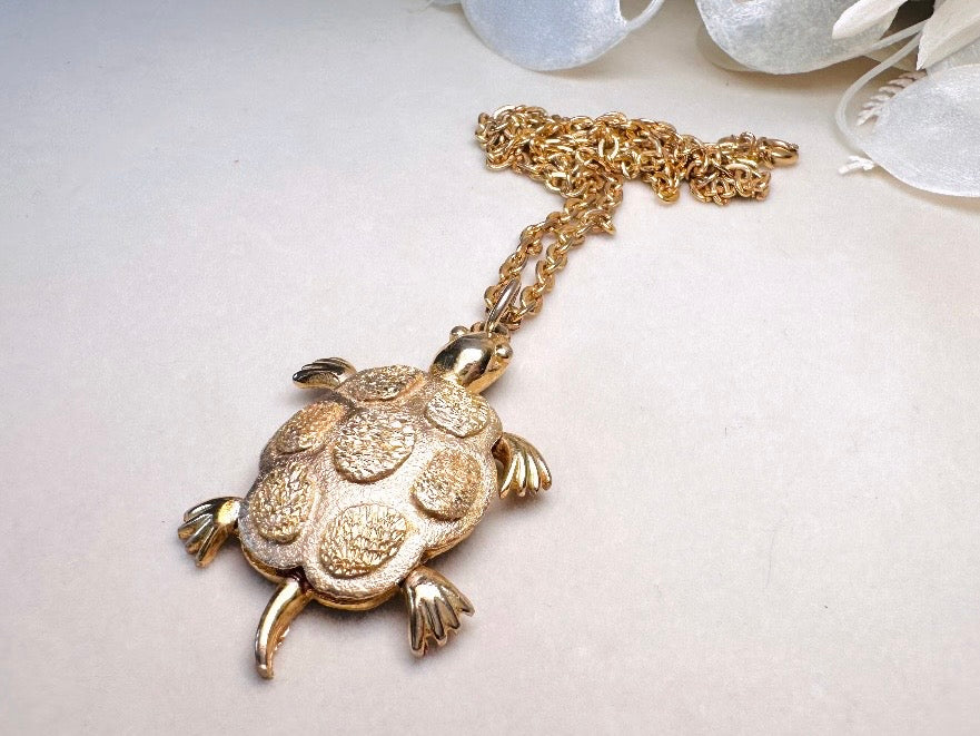 Gold Turtle Pendant Necklace, Whimsical Vintage Necklace, JJ Jonette Long Gold Chain Necklace