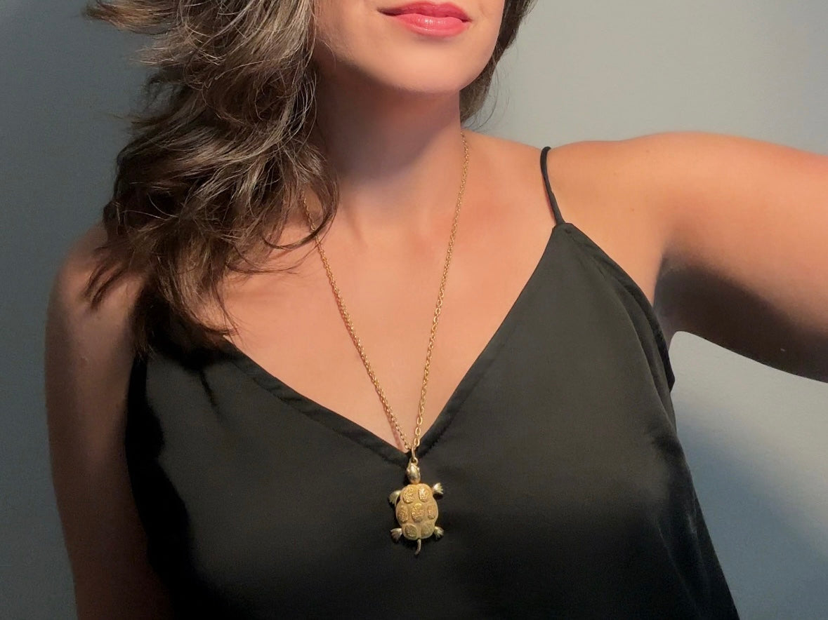 Gold Turtle Pendant Necklace, Whimsical Vintage Necklace, JJ Jonette Long Gold Chain Necklace