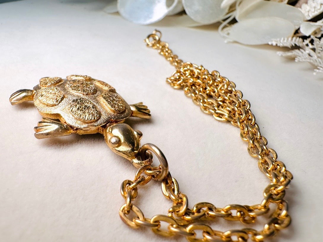 Gold Turtle Pendant Necklace, Whimsical Vintage Necklace, JJ Jonette Long Gold Chain Necklace