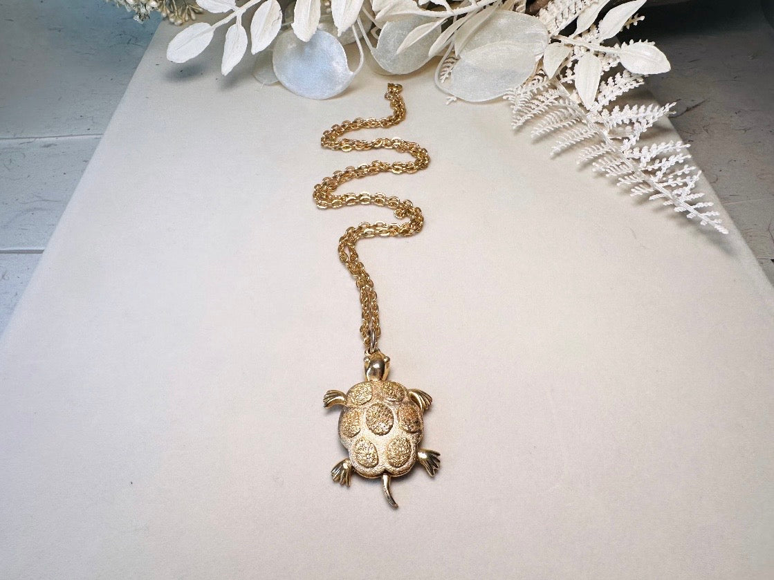 Gold Turtle Pendant Necklace, Whimsical Vintage Necklace, JJ Jonette Long Gold Chain Necklace